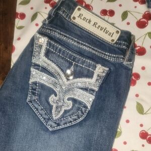 Rock Revival Women's Dark Blue Rhinestone Pocket Boot Cut Jeans